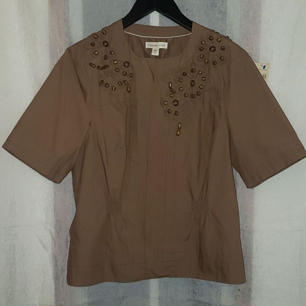 Coldwater Creek Beaded Safari Jacket Size 14 Light Open Front Tan Cotton NWT